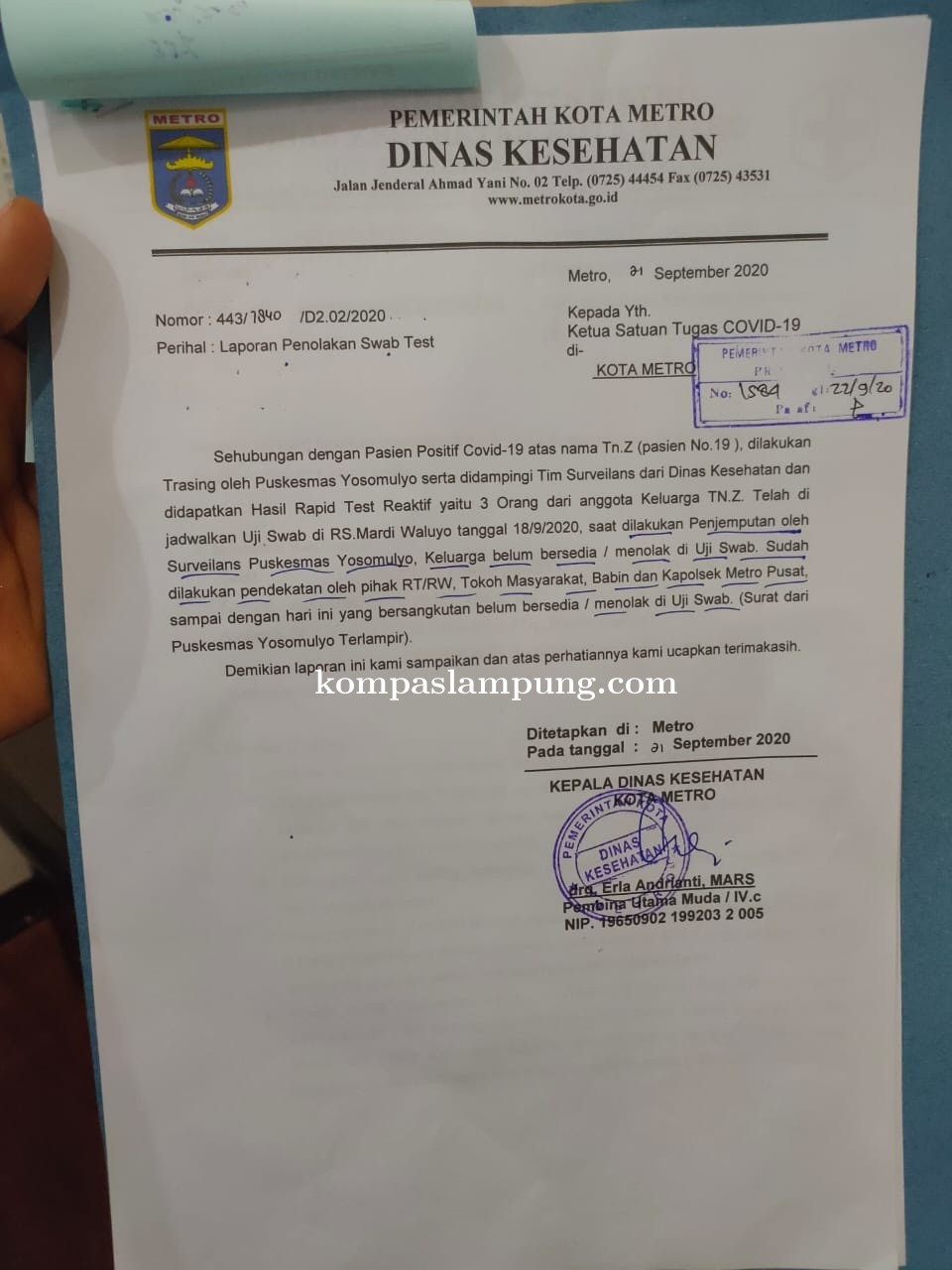 Positif Covid-19, Pasien Nomor 23- 24 Kota Metro, Tolak Isolasi Dan Perawatan kesehatan